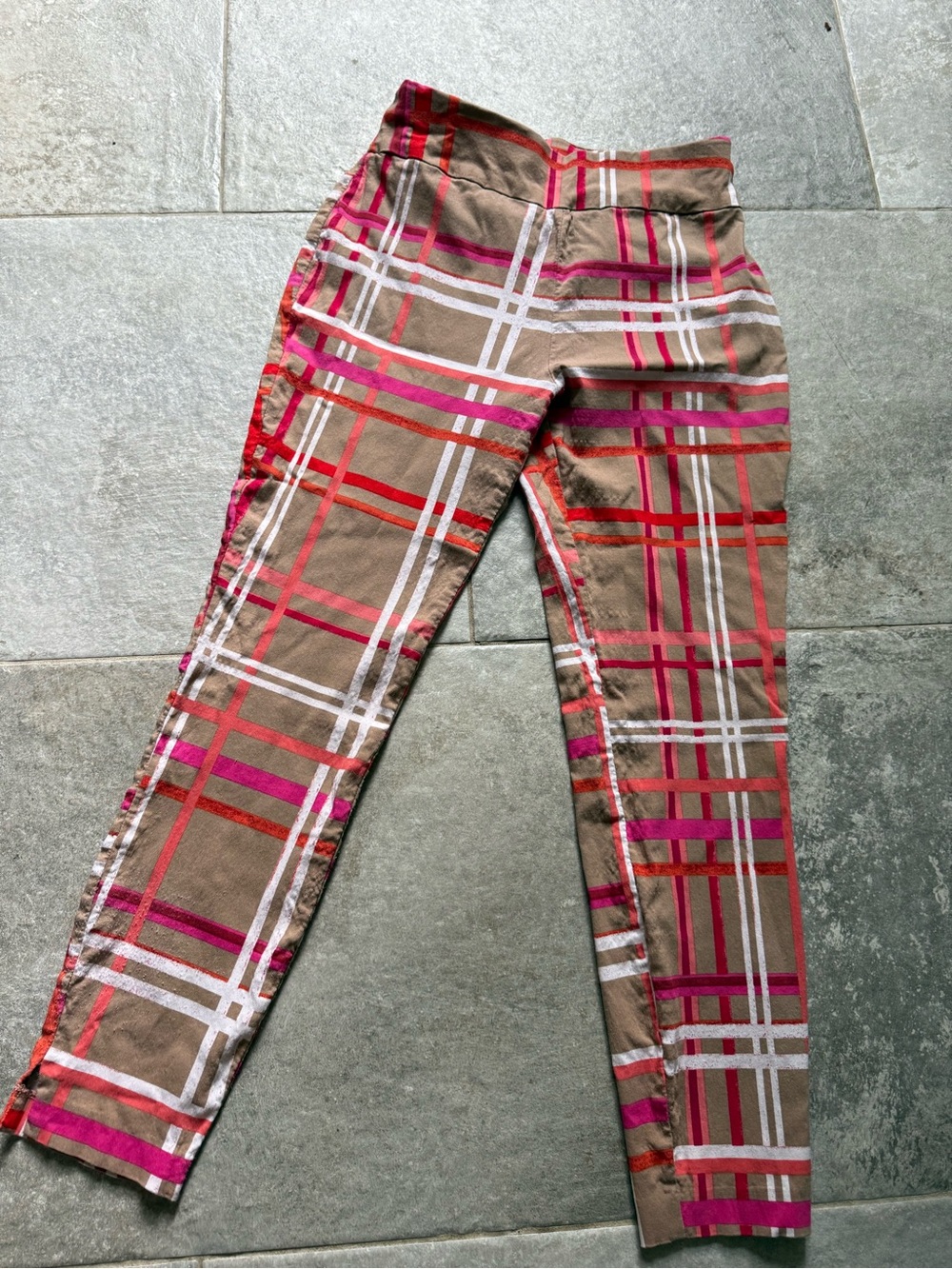 New York & Company Brown Plaid Leggings with Pink and Red Accents